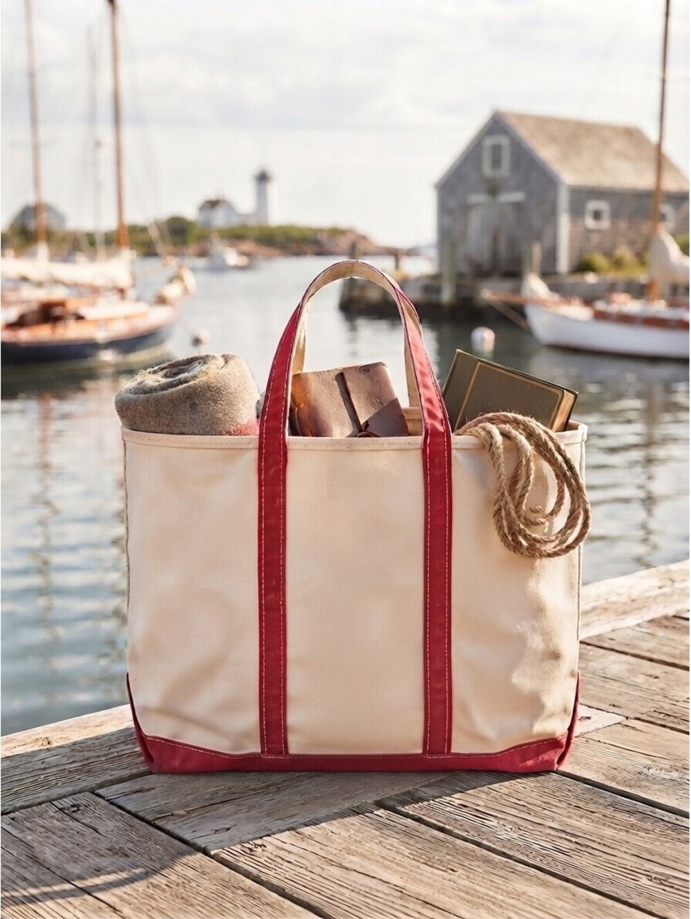 Vintage L.L. Bean Script Tag Boat and Tote Red Trim Extra Large Canvas Open Top